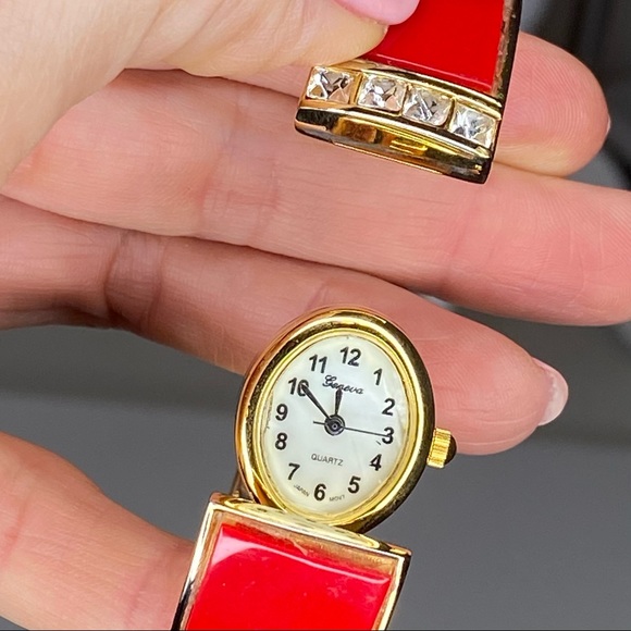 Geneva Gold and Red Hinged Cuff Bangle Bracelet Watch - Picture 5 of 10